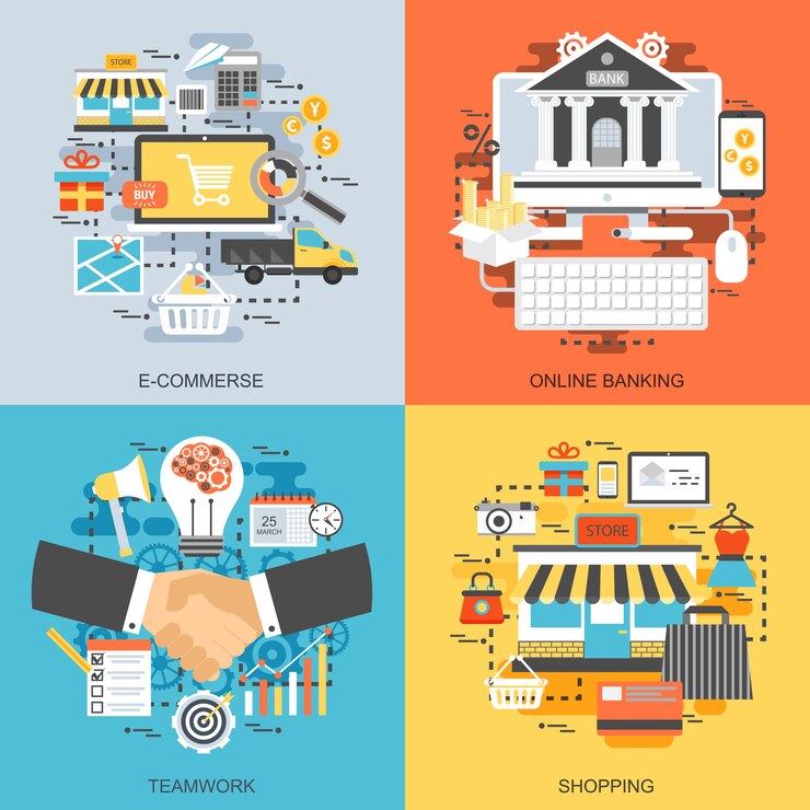 Vector iconos planos conceptuales conjunto de e-commerce, tienda y compras, banca en línea.