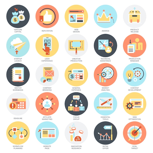 Iconos planos conceptuales conjunto de inicio de negocios, visión del mercado, desarrollo y misión.