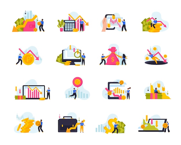 Iconos planos de crisis económica establecidos con gráficos financieros símbolos de dinero y personas que sufren de recesión económica ilustración vectorial aislada
