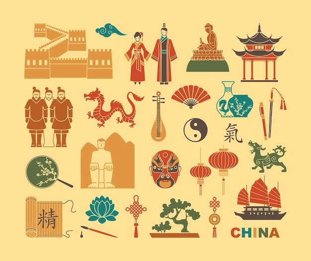 Iconos planos de la cultura china Gran Muralla Pagoda Hanfu y símbolos de arte tradicional