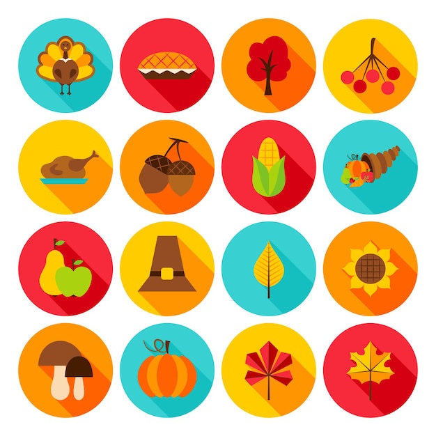 Iconos planos del día de acción de gracias. Ilustración de vector. Conjunto de objetos de vacaciones de temporada de otoño de círculo.