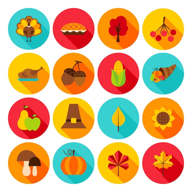 Iconos planos del día de acción de gracias. ilustración de vector. conjunto de objetos de vacaciones de temporada de otoño de círculo.