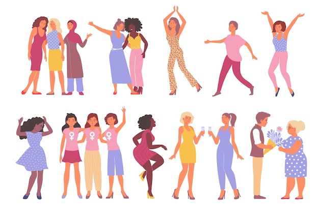 Vector iconos planos del día internacional de la mujer con personajes femeninos felices de diferentes nacionalidades e ilustraciones vectoriales aisladas de edad