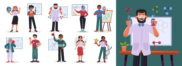 Iconos planos dibujados a mano por el maestro con ilustraciones