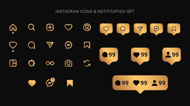 Vector iconos planos dorados de instagram y conjunto de notificaciones con fondo transparente