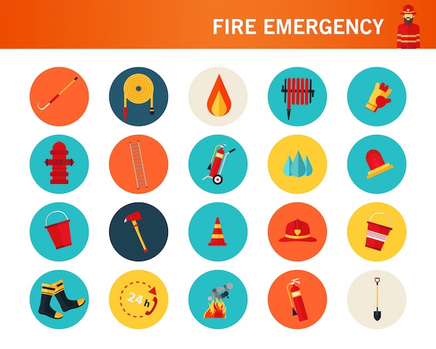 Iconos planos de emergencia de fuego.