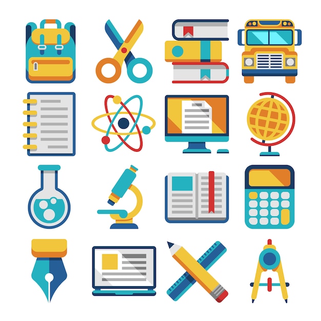 Iconos planos de escuela y educación