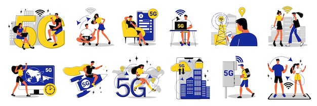 Iconos planos establecidos con personas que usan Internet 5g en el trabajo en casa y al aire libre ilustración vectorial aislada