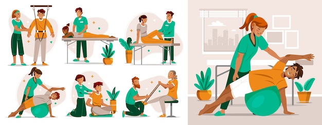 Iconos planos de fisioterapia dibujados a mano con un conjunto de ilustraciones