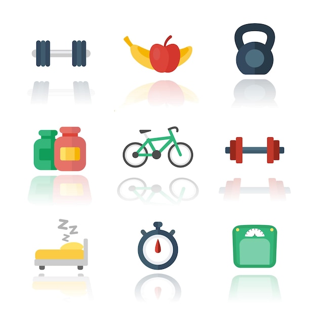 Iconos planos de gimnasio sobre ilustración vectorial blanca