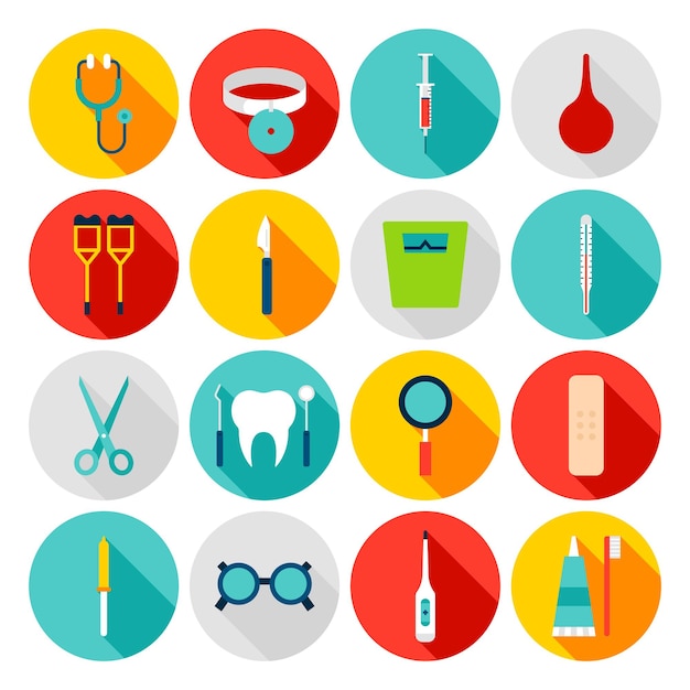 Iconos planos de herramientas médicas. ilustración de vector. conjunto de elementos de hospital de círculo con sombra.