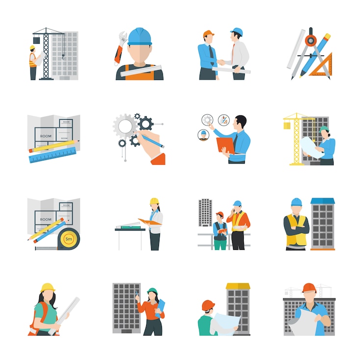 Vector iconos planos de ingeniería civil
