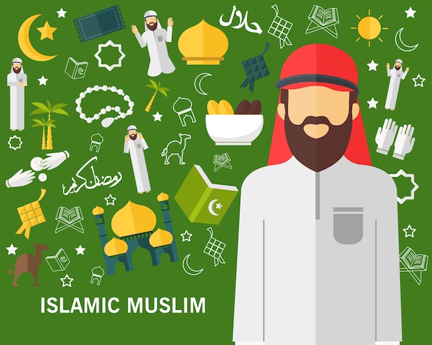Vector iconos planos islámicos concepto musulmán.