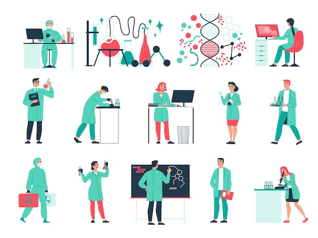 Iconos planos de laboratorio científico con científicos e investigadores ilustraciones vectoriales aisladas