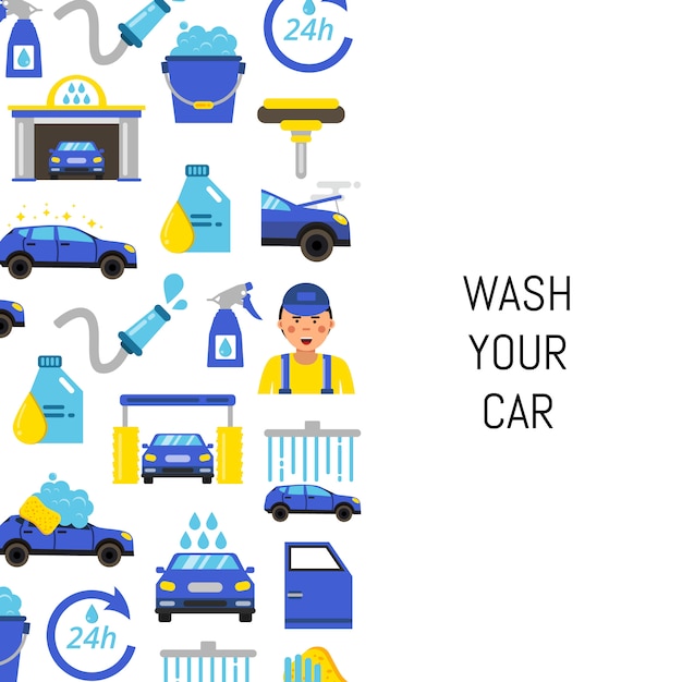 Con iconos planos de lavado de autos y lugar para texto
