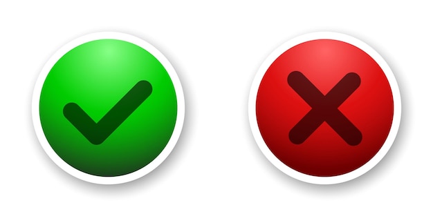 Iconos planos con marca de verificación y elementos vectoriales cruzados de colores verdes y rojos sobre fondo blanco