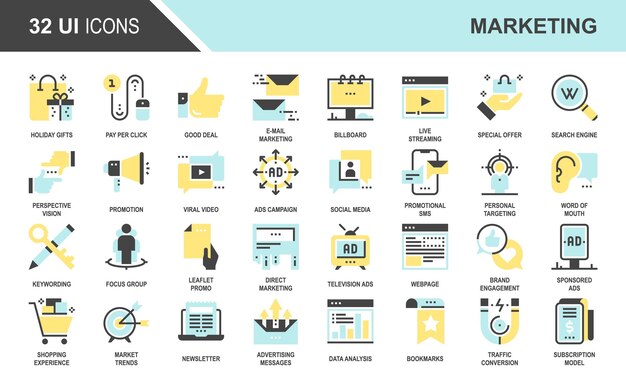 Iconos planos de marketing y publicidad