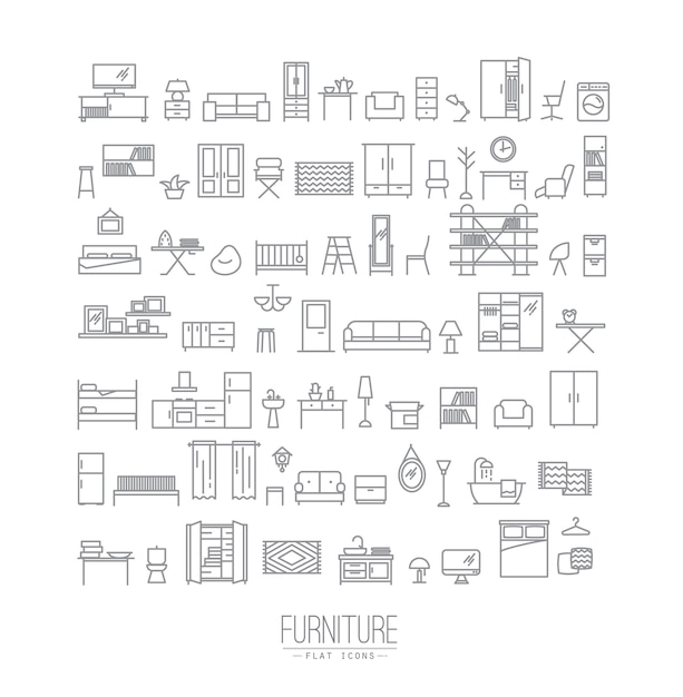 Vector iconos planos de muebles gris