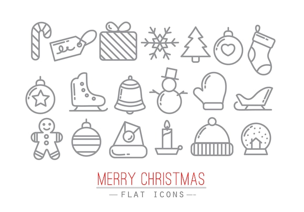 Iconos planos de Navidad dibujados con líneas delgadas grises sobre fondo blanco
