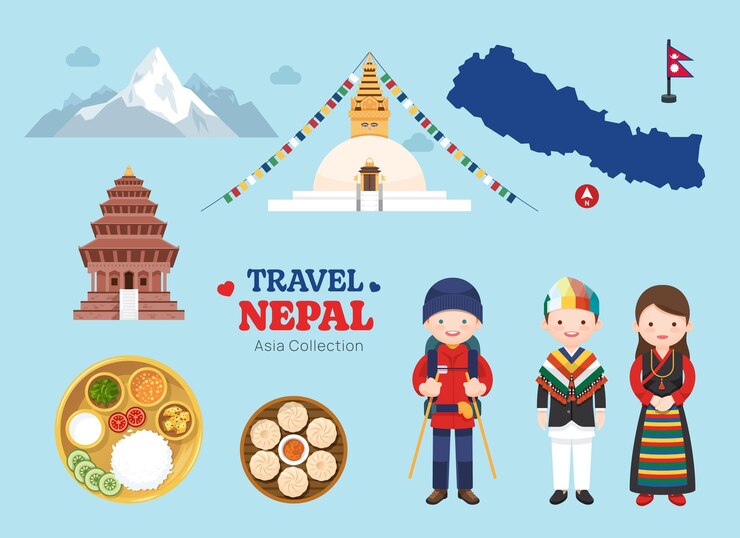 Vector los iconos planos de nepal de viaje establecen el mapa de iconos de elementos nepalíes y la colección de símbolos y objetos de puntos de referencia ilustración vectorial