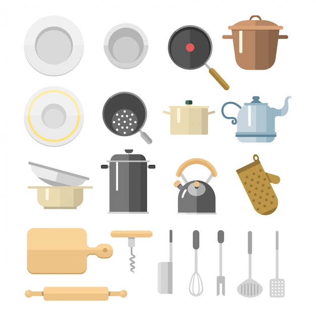 Los iconos planos de los platos de la cocina aislaron la ilustración de los muebles de los platos del hogar todos los días