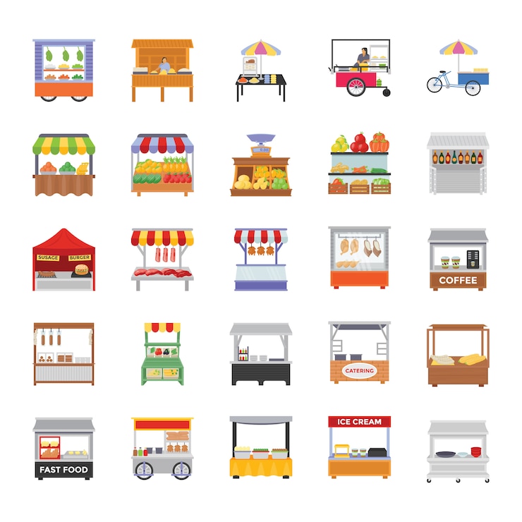 Vector iconos planos de puestos callejeros