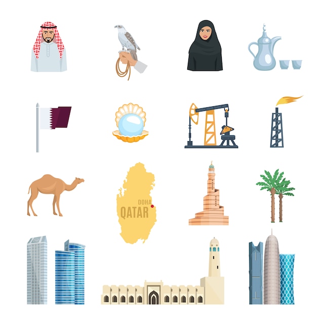 Los iconos planos de Qatar se establecieron con los rascacielos de las mezquitas de gas natural del petróleo y los símbolos de la cultura aislada ilustración vectorial