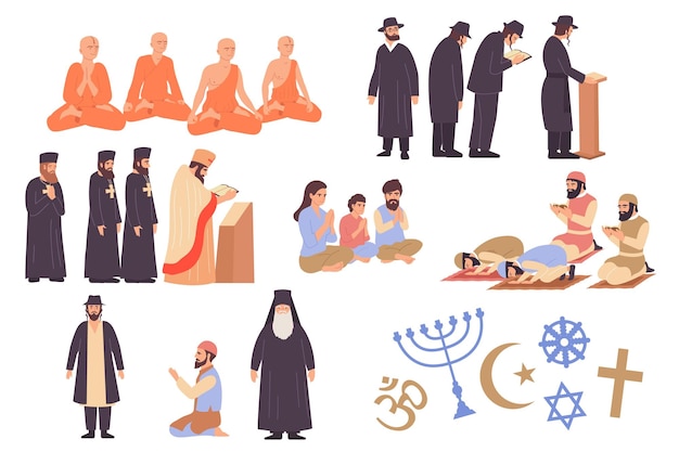 Iconos planos de religión mundial establecidos con seguidores del budismo judaísmo cristianismo islam y sus símbolos ilustraciones vectoriales aisladas
