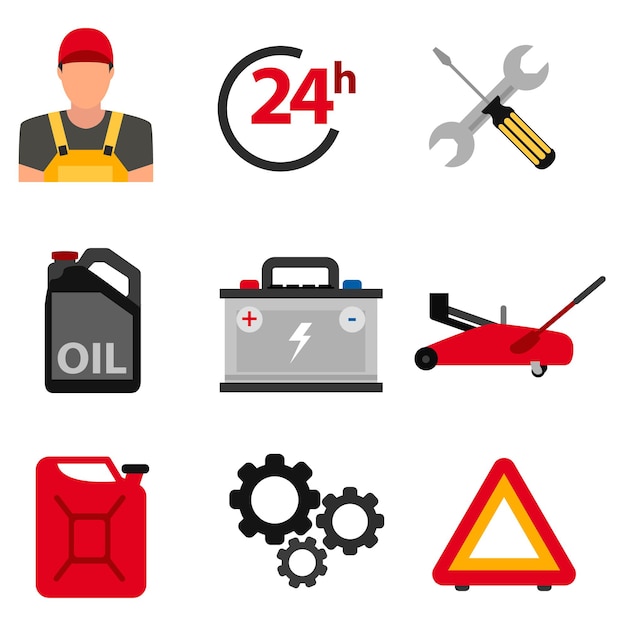 Iconos planos de servicio mecánico de automóviles de reparación y trabajo de mantenimiento de automóviles