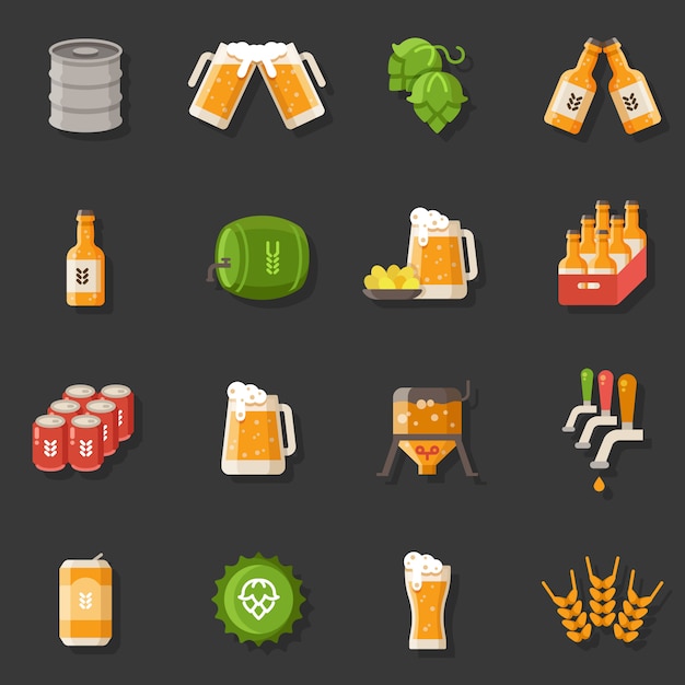 Iconos planos del vector de la cerveza. Oktoberfest símbolos del festival alemán