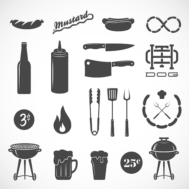 Iconos planos de vector de salchicha y elementos de diseño como cuchillo de parrilla, cerveza de fuego, etc. aislados