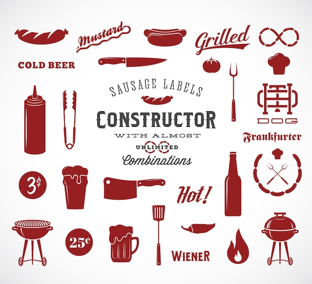 Iconos planos de vector de salchicha y elementos de diseño de tipografía como cuchillo de parrilla, cerveza de fuego, etc. un constructor para sus etiquetas, logotipos, carteles, desolladores, pancartas, etc.