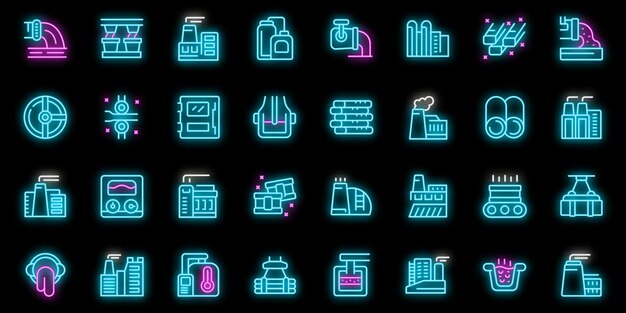 Los iconos de la planta de acero establecen el vector de contorno Tubería de alimentación Producto de trabajo color neón en negro