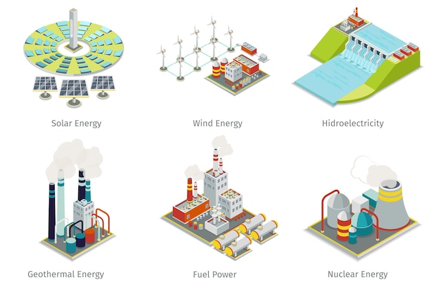 Iconos de la planta de energía. Plantas y fuentes de generación eléctrica.