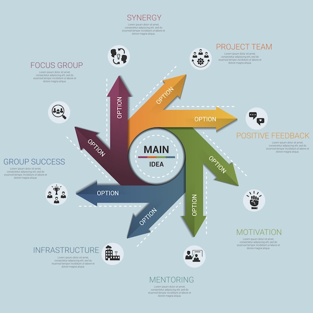 Iconos de plantilla de creación de equipos infográficos en diferentes colores