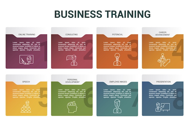 Iconos de plantilla de formación empresarial de infografía en diferentes