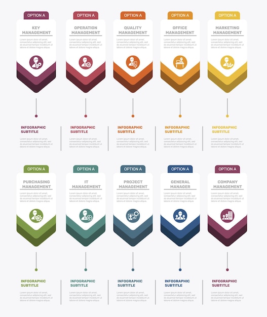 Los iconos de la plantilla de gestión de la empresa de infografía en diferentes colores incluyen la operación de gestión clave