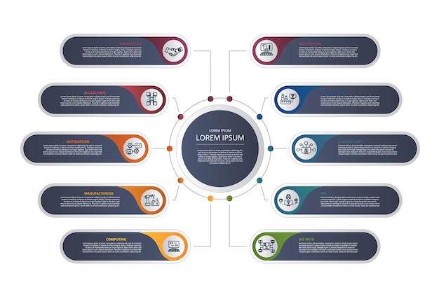 Iconos de plantilla de industria de infografía en diferentes colores