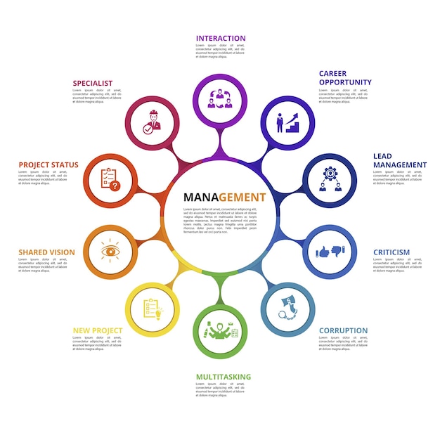 Iconos de plantilla de infografía de gestión en diferentes colores