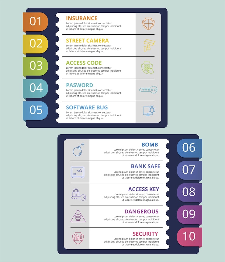 Vector iconos de plantilla de seguridad de infografía en diferentes colores