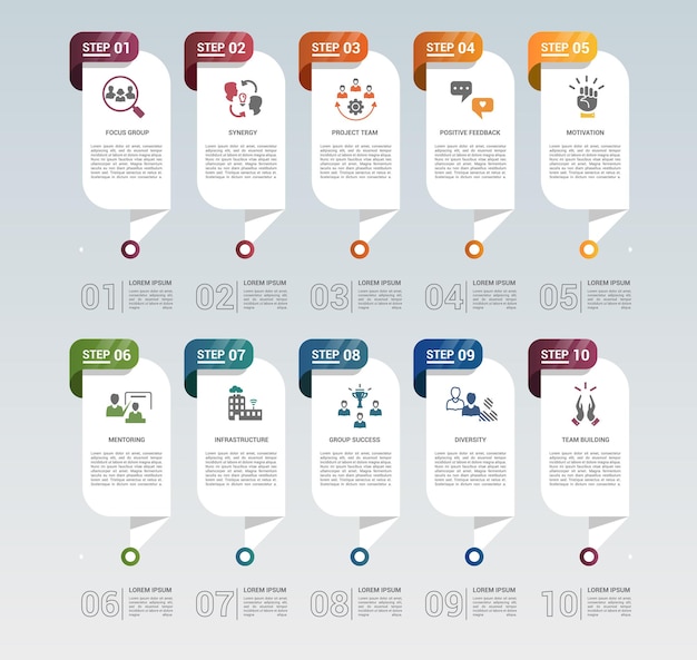 Los íconos de plantillas de creación de equipos infográficos en diferentes colores incluyen un proyecto de sinergia de grupos focales