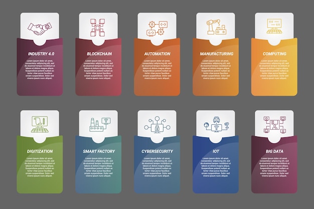 Los íconos de plantillas de la industria de infografía en diferentes colores incluyen la automatización de blockchain de la industria
