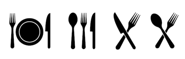 Iconos de plata Cuchillo, cuchillo, plato y cuchara Símbolo del menú Icono de plata negra Ilustración vectorial