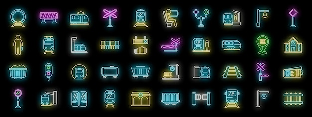 Los iconos de la plataforma ferroviaria establecer neón vectorial