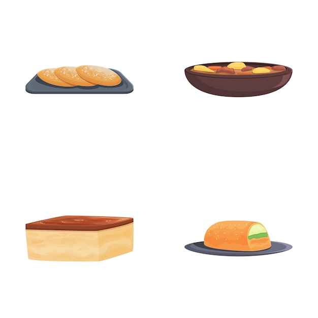 Iconos de platos balcánicos establecidos en el vector de dibujos animados Plato tradicional de la cocina balcánica
