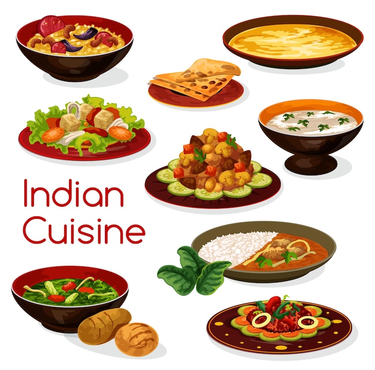 Vector iconos y platos de la comida de la cocina india