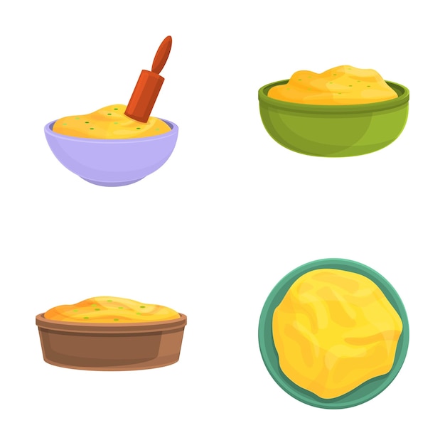 Iconos de platos de patatas en un vector de dibujos animados Puré de patatas frescas en un cuenco