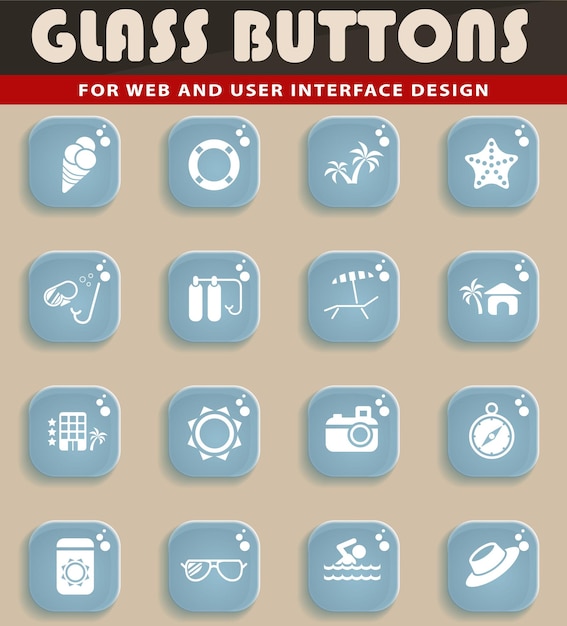 Iconos de playa en botones de cristal para el diseño de la interfaz de usuario