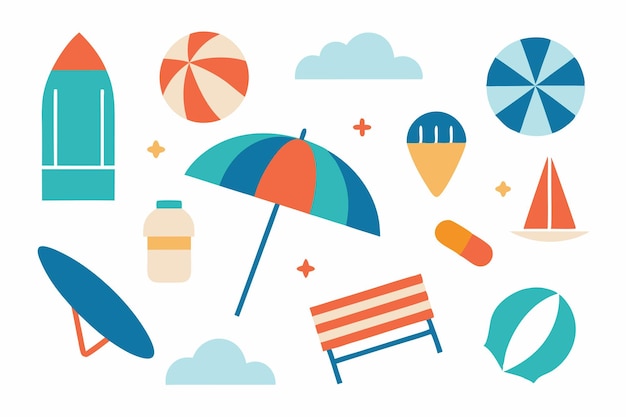 Iconos de playa sombrillas sillas de sol tablas de surf bolas de playa castillos de arena ilustración vectorial