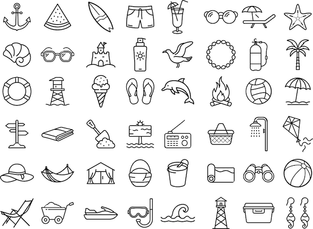 Iconos de playa con varios elementos temáticos de verano para proyectos creativos Diseños vectoriales
